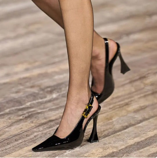 Pointed toe patent leather stiletto heels from Plush Fashion Hub showing sleek, shiny black design with high stiletto heel.