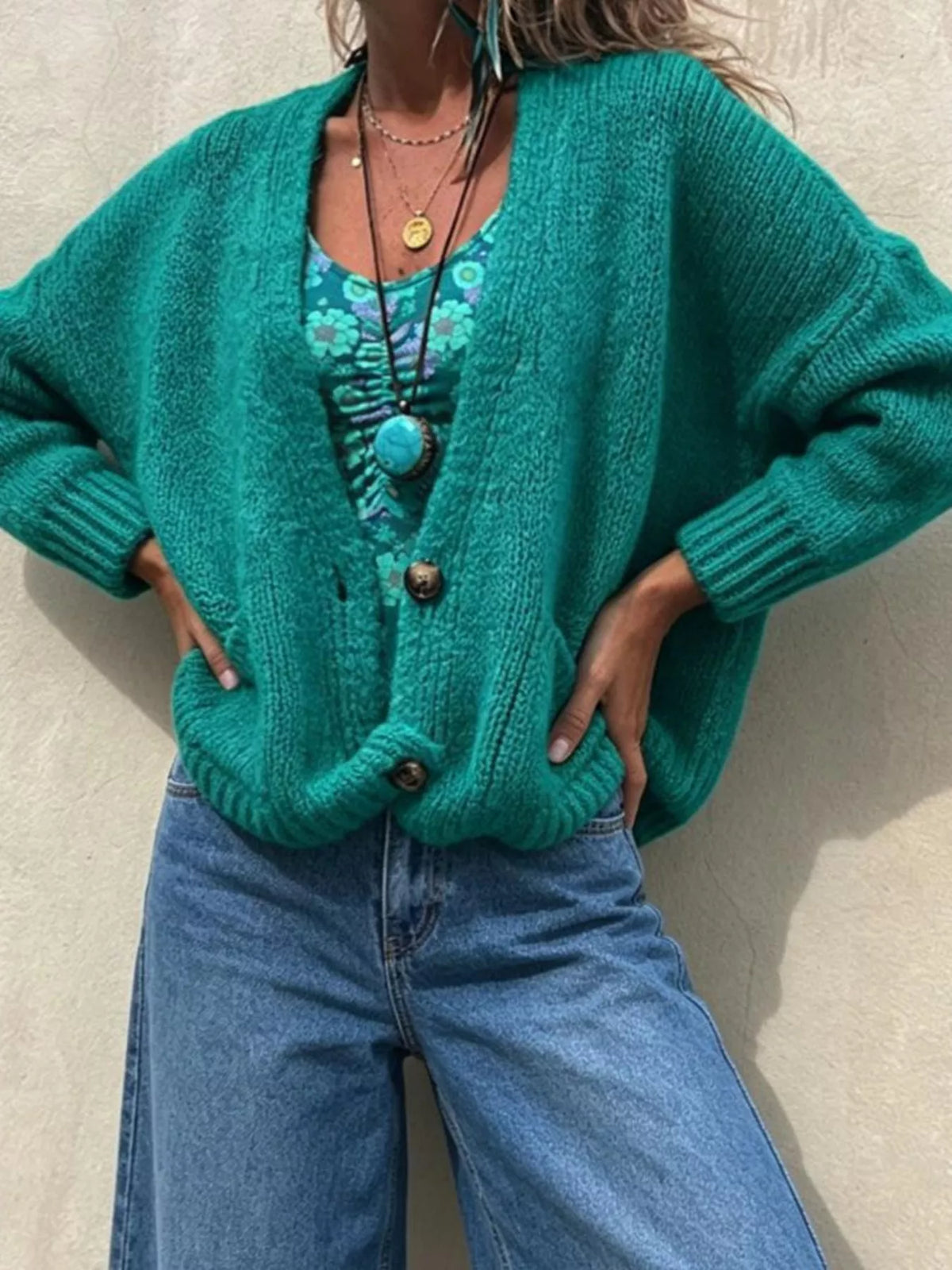 Plus size chunky knit button-up cardigan from Trendsi, featuring a cozy, full-size design with large buttons and a soft, textured knit.