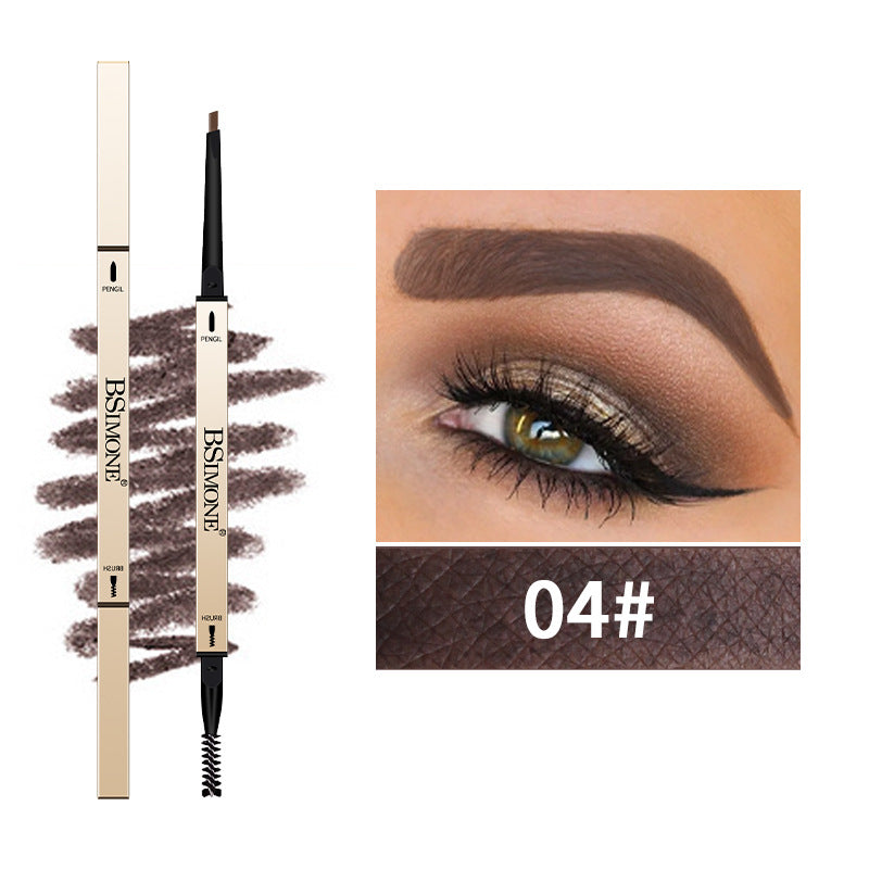 Gold dual-ended eyebrow pencil with brown swatches and applied brow makeup labeled 04#.