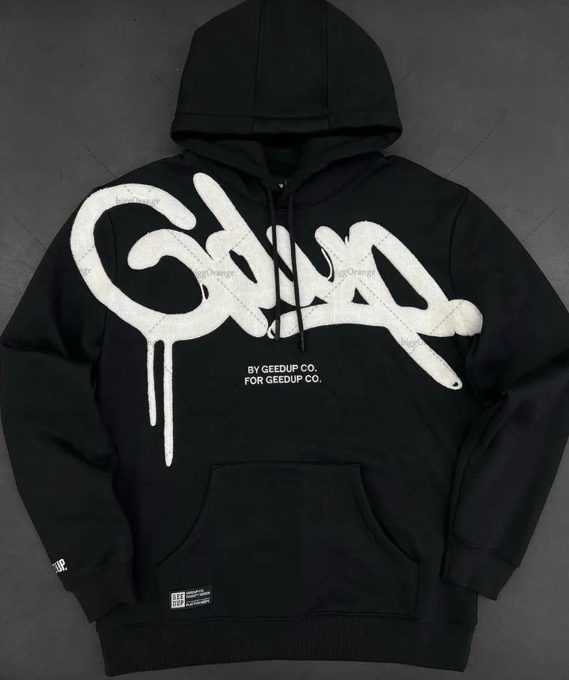 Unisex casual loose hoodie with embroidered letter design in soft fabric, from Plush Fashion Hub.
