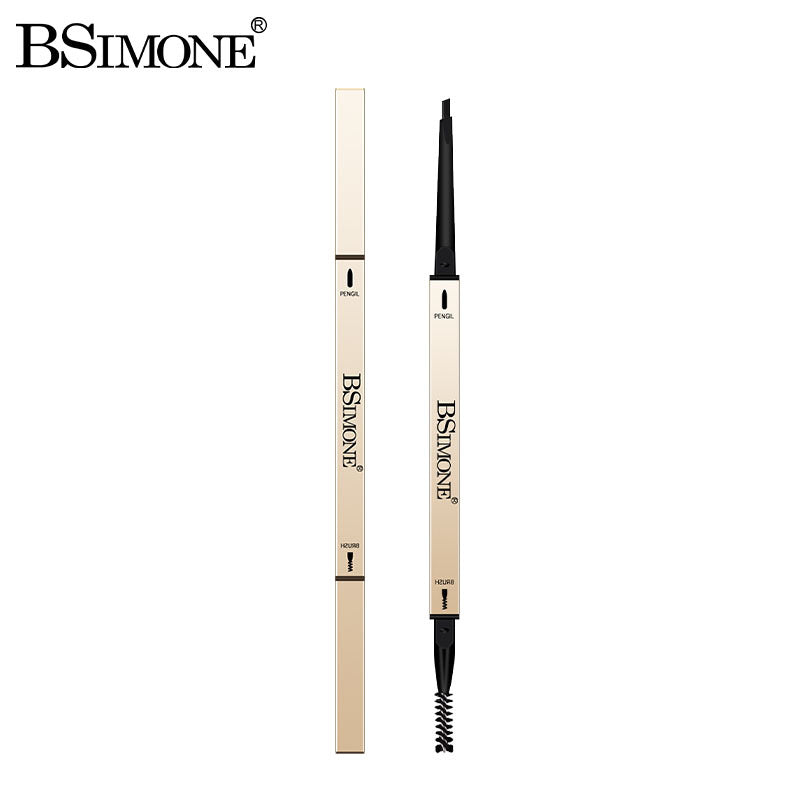 Gold dual-ended eyebrow pencil with black tips, spoolie brush, and BSIMONE branding.