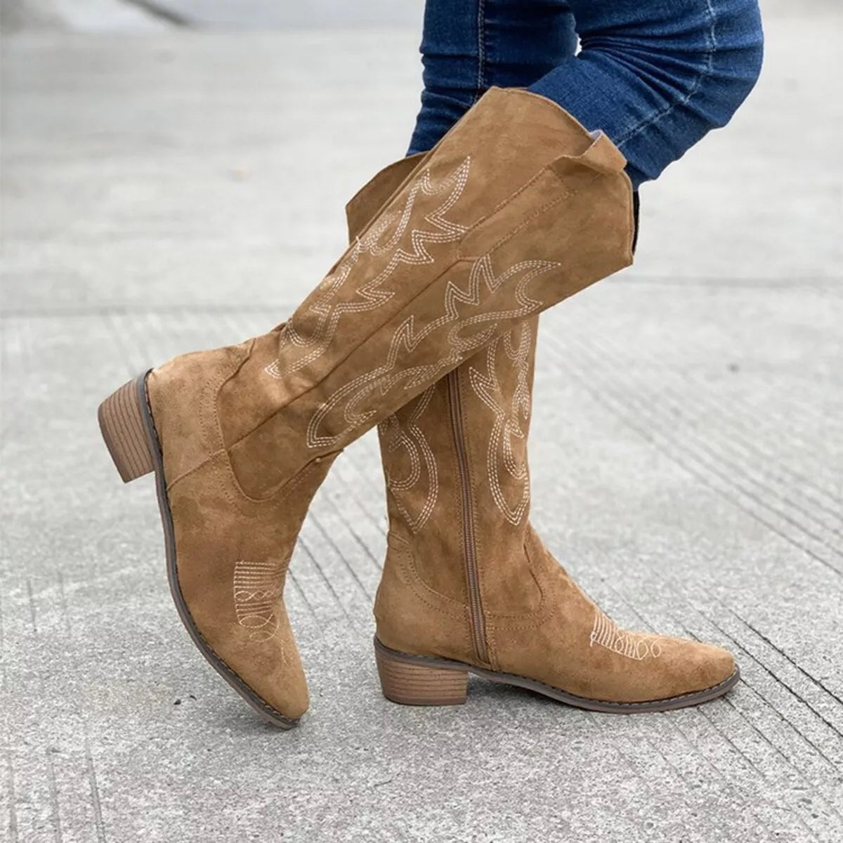 Point toe block heel boots by Trendsi, stylish footwear with a sleek design and sturdy block heels, perfect for modern fashion.