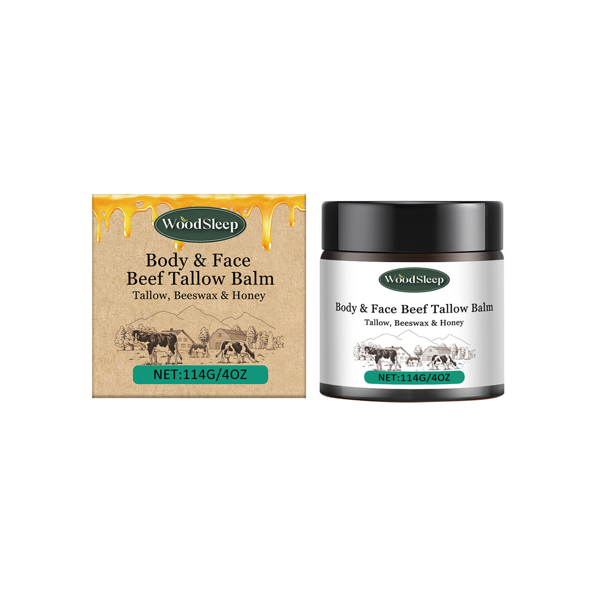 WoodSleep body and face beef tallow balm in a jar with box, featuring farm illustration and honey drip design.