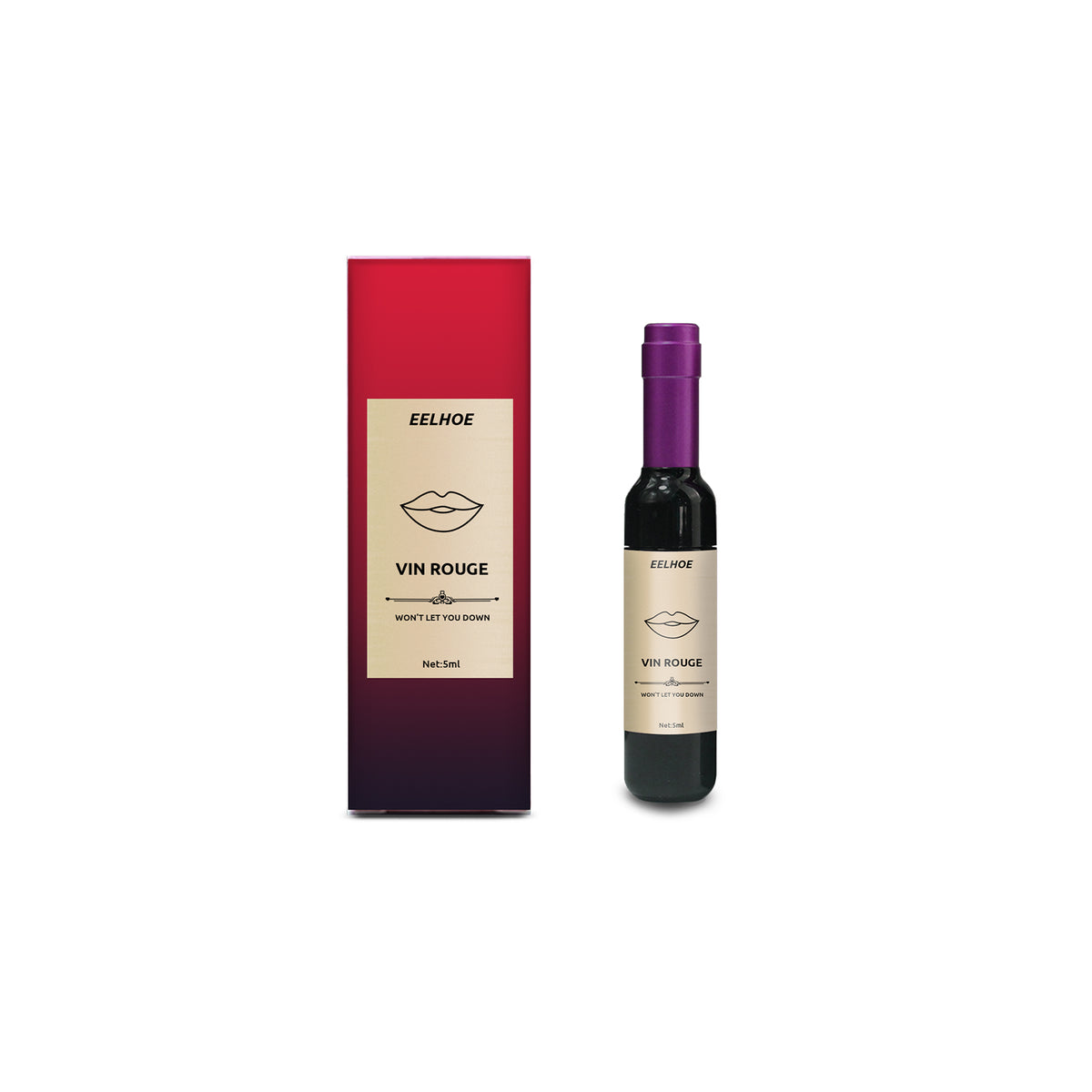 Eelhoe Vin Rouge glass bottle with purple cap and box, labeled with lips graphic, in 5ml size.