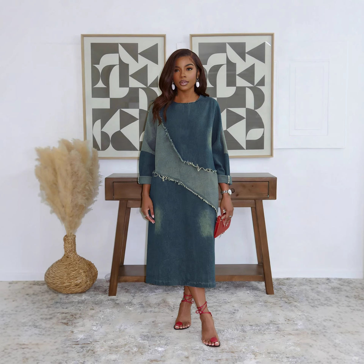 Raw hem loose mid-length denim dress by eprolo featuring a casual fit and classic blue denim fabric.