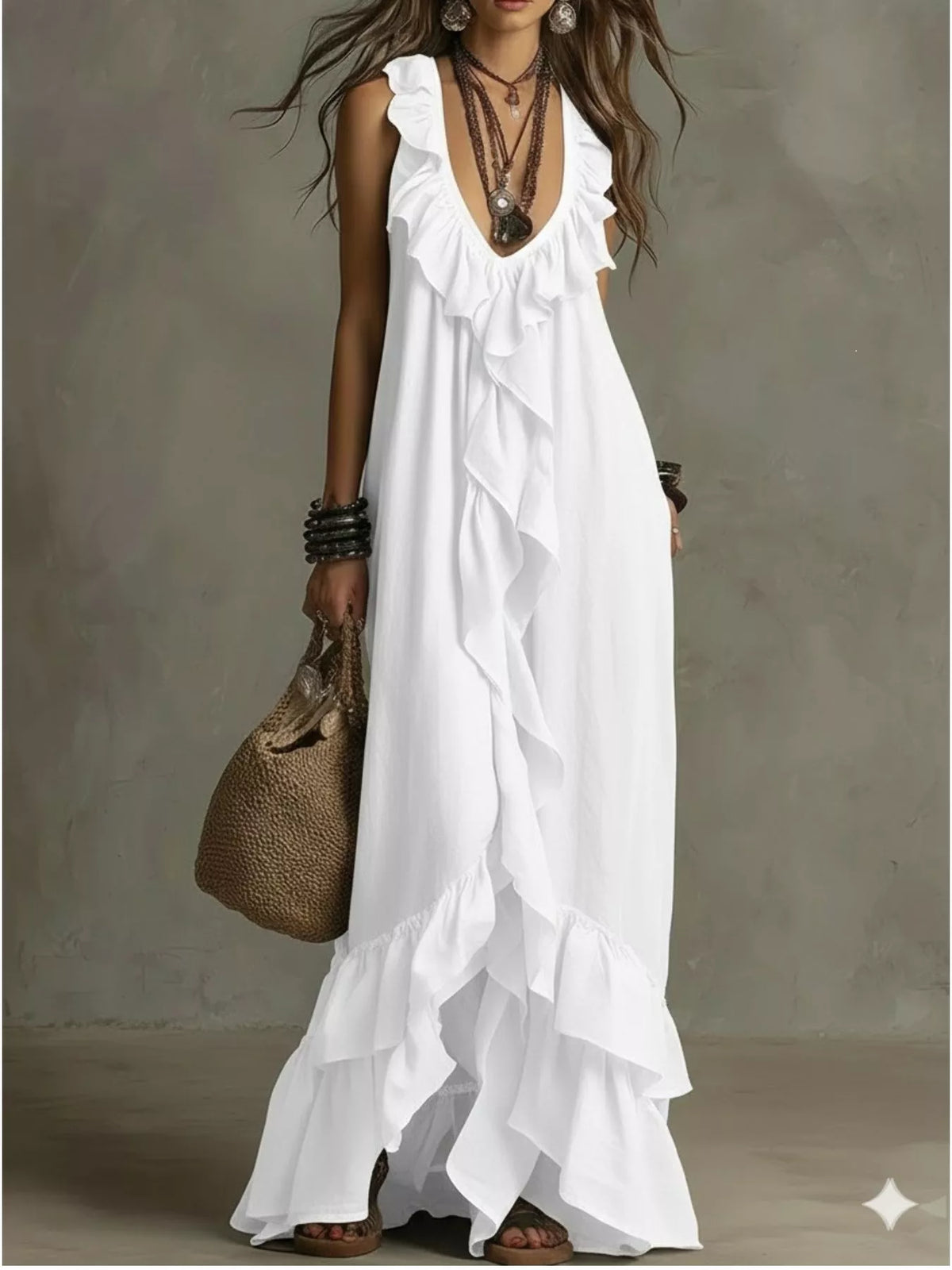 Plush Fashion Hub ruffled sleeveless maxi dress with flowing fabric and layered design, perfect for summer or special occasions.