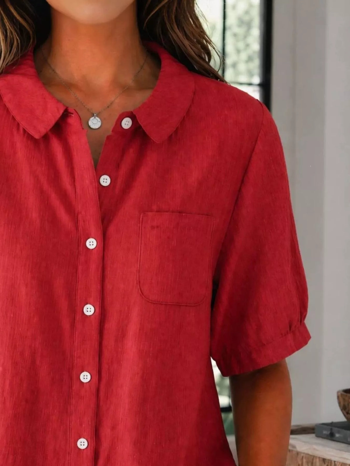 Plus size short sleeve button-up shirt from Trendsi, full-length view showcasing the casual, comfortable design and fit.