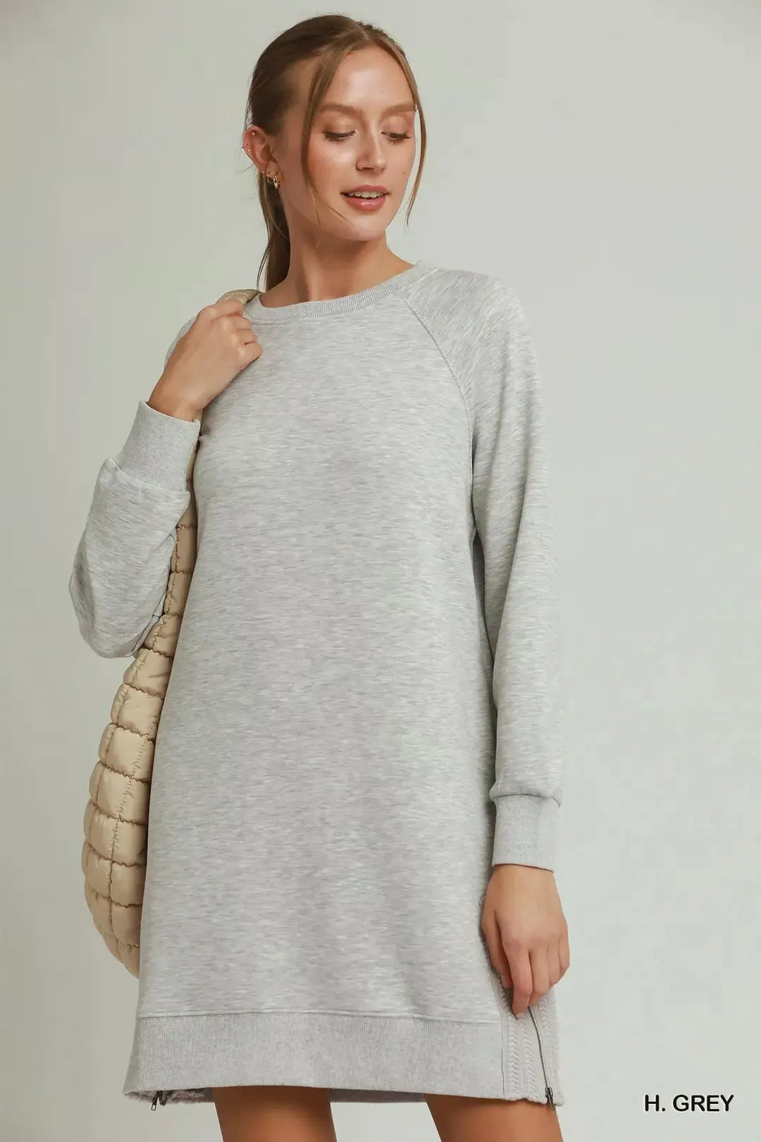 Plush Fashion Hub Umgee side crochet zipper detailed dress with intricate crochet accents and zipper closure, stylish and comfortable.