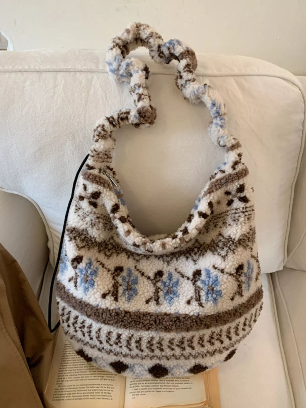 Plush Sherpa ruched strap handbag by Plush Fashion Hub featuring soft fabric, stylish design, and shoulder strap detail.
