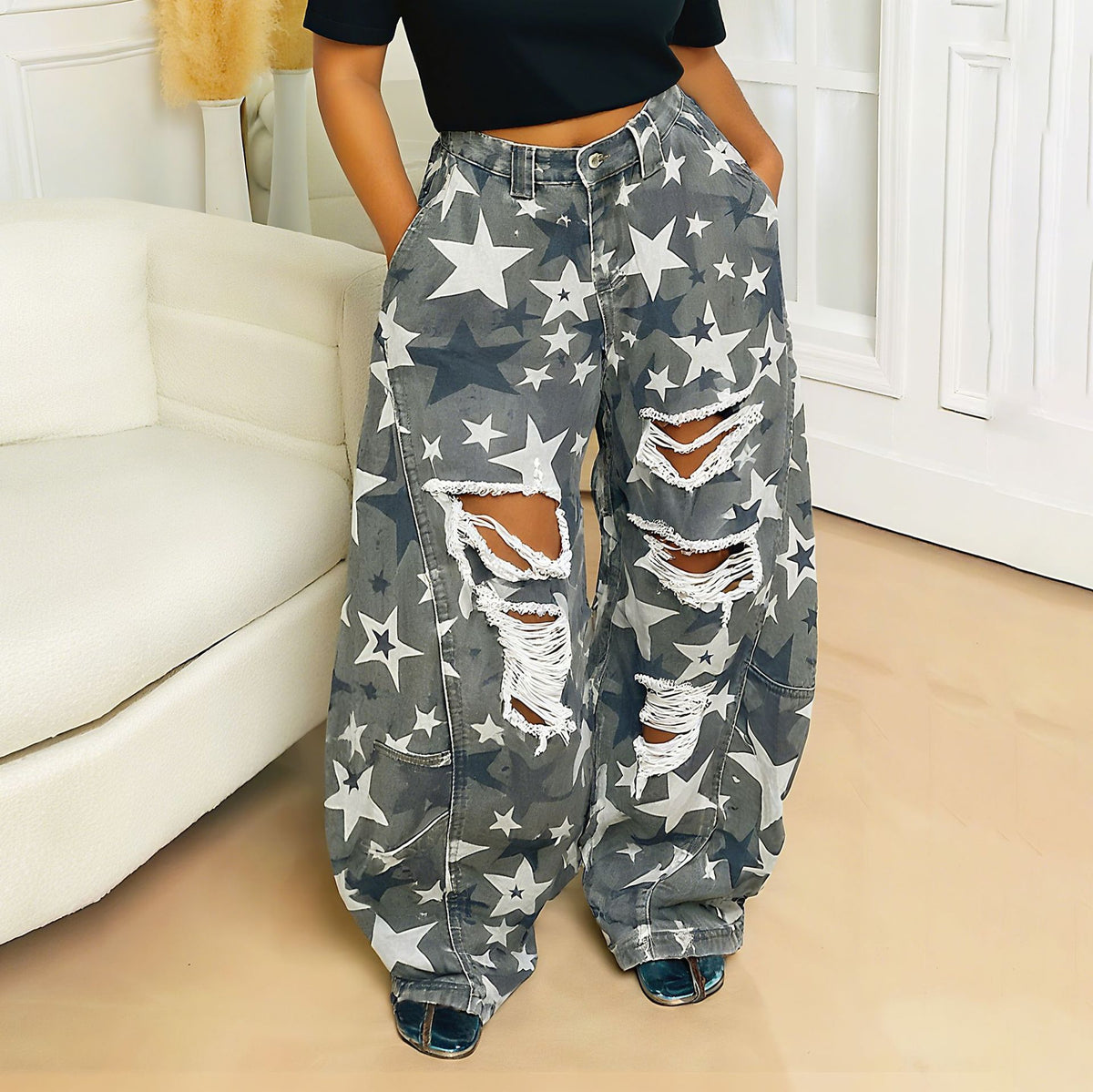 Distressed camo star print boyfriend jeans by Plush Fashion Hub, featuring a relaxed fit and stylish worn-in look.