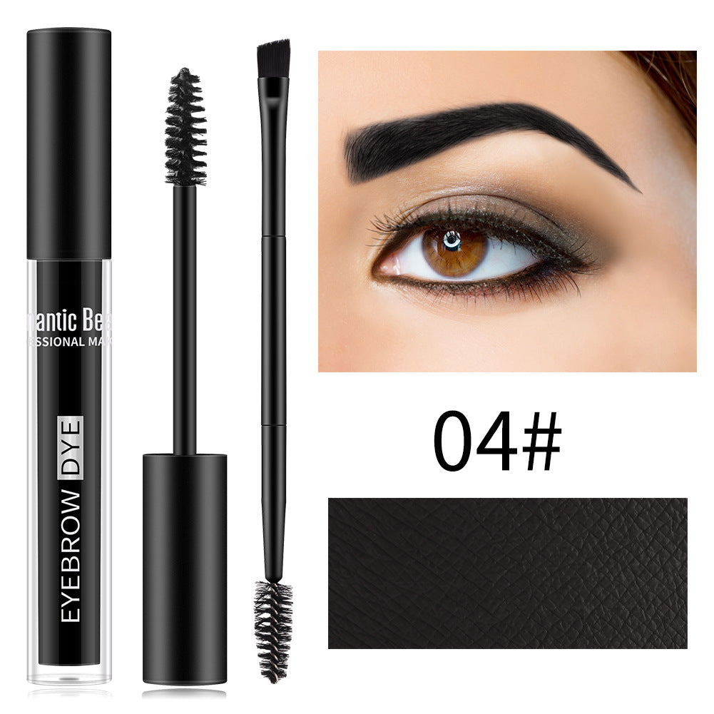 Black eyebrow dye with brush applicator, shown with a person's dark styled eyebrow and a black texture swatch.