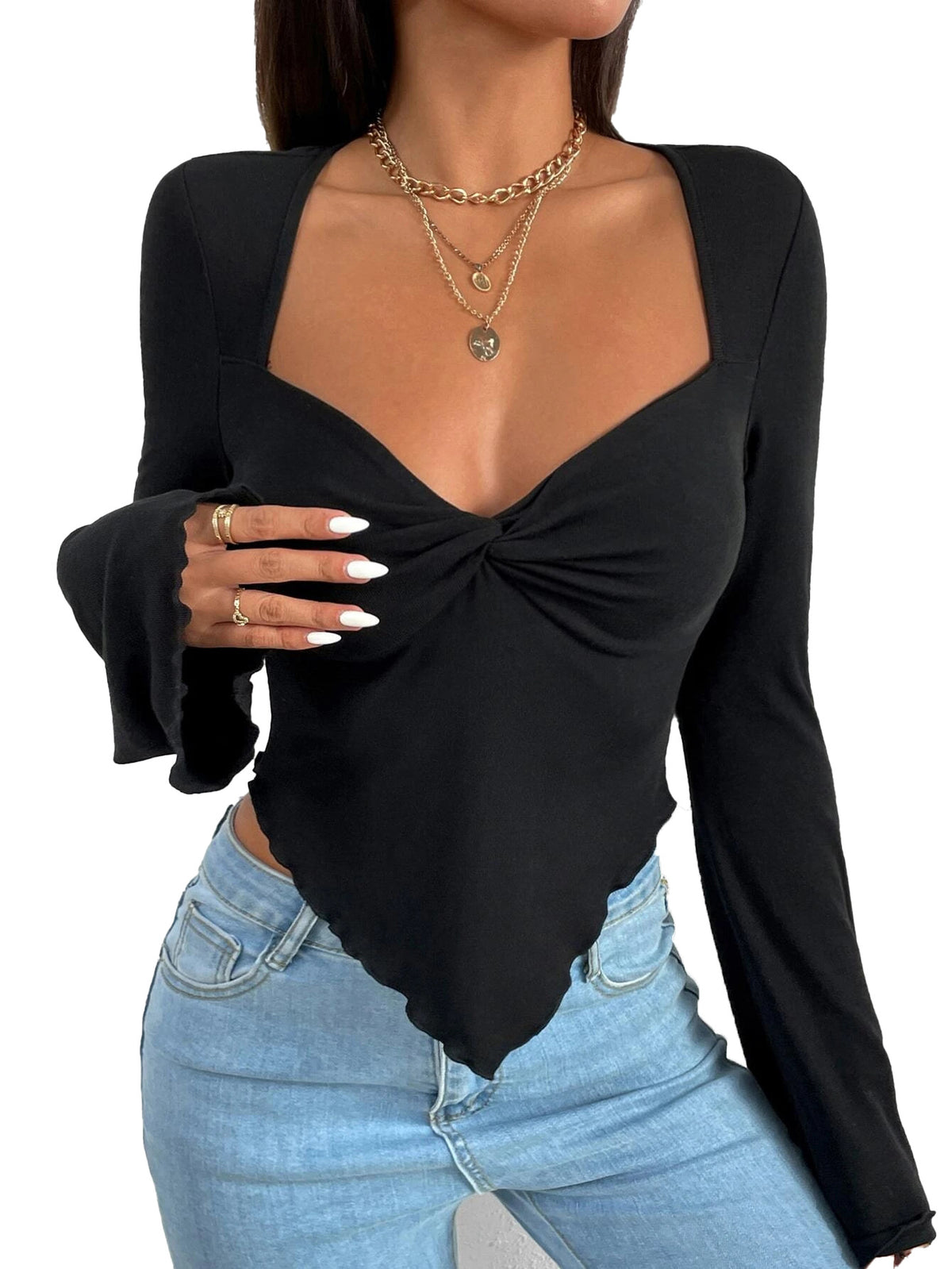 Eprolo women's slim fit T-shirt with short cut and slanted collar, solid color spring and summer tops.