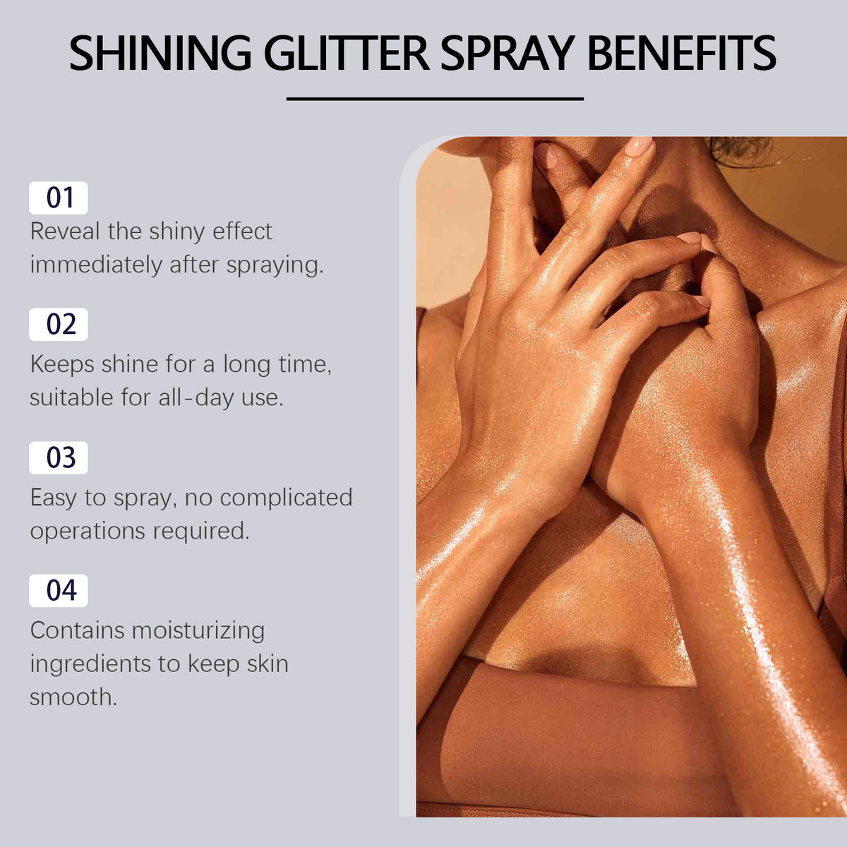 Golden glitter spray on skin, showcasing a shiny effect with text detailing four key benefits on the left.