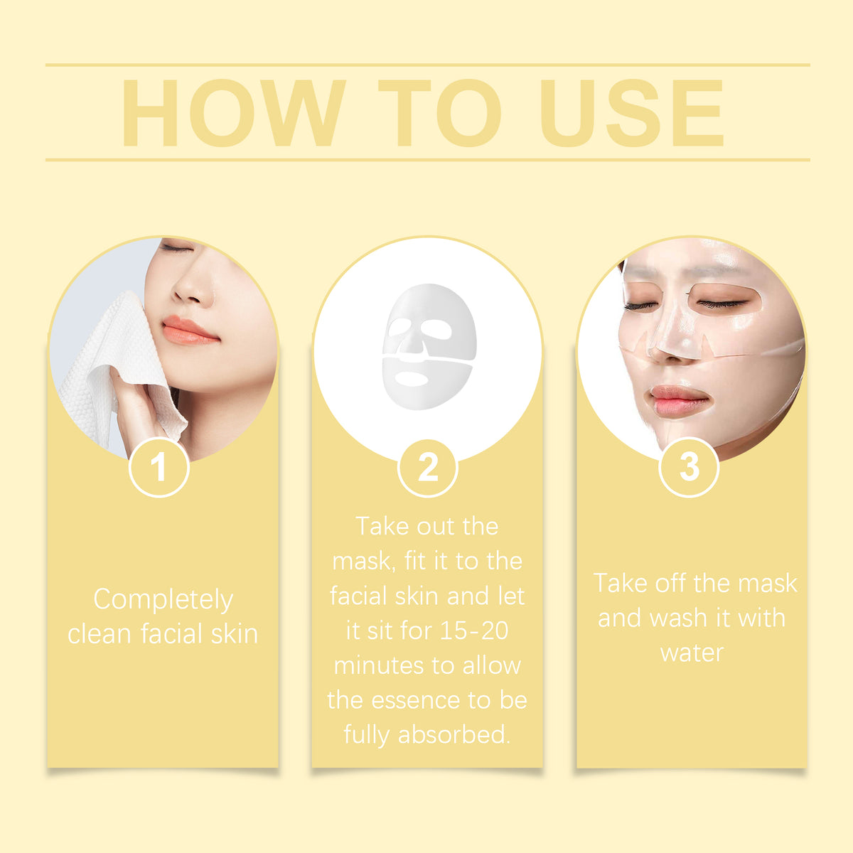 Infographic showing how to use a white facial sheet mask in three simple steps, with yellow background.