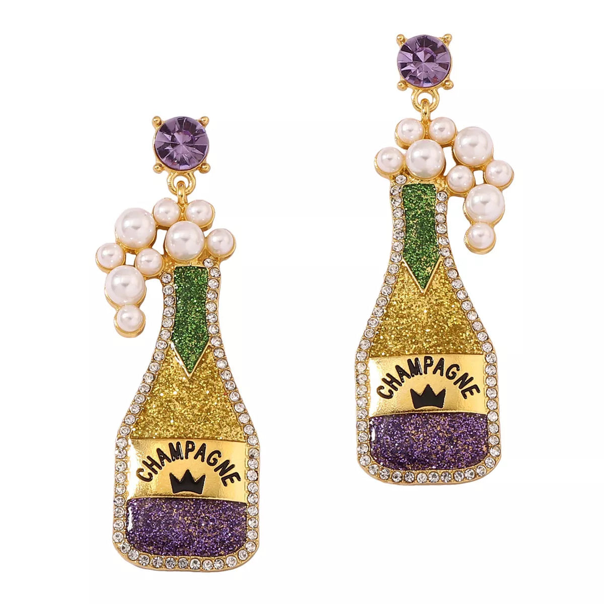 Champagne bottle earrings with pearls, stylish jewelry from Plush Fashion Hub, featuring gold-tone champagne bottle charms with pearl accents.