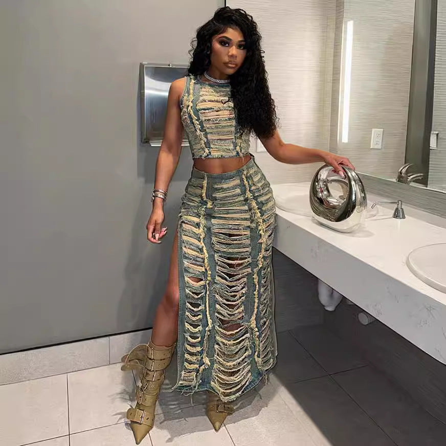 Handcrafted distressed denim vest and slit skirt set for women, stylish outfit set from Plush Fashion Hub, casual and trendy look.