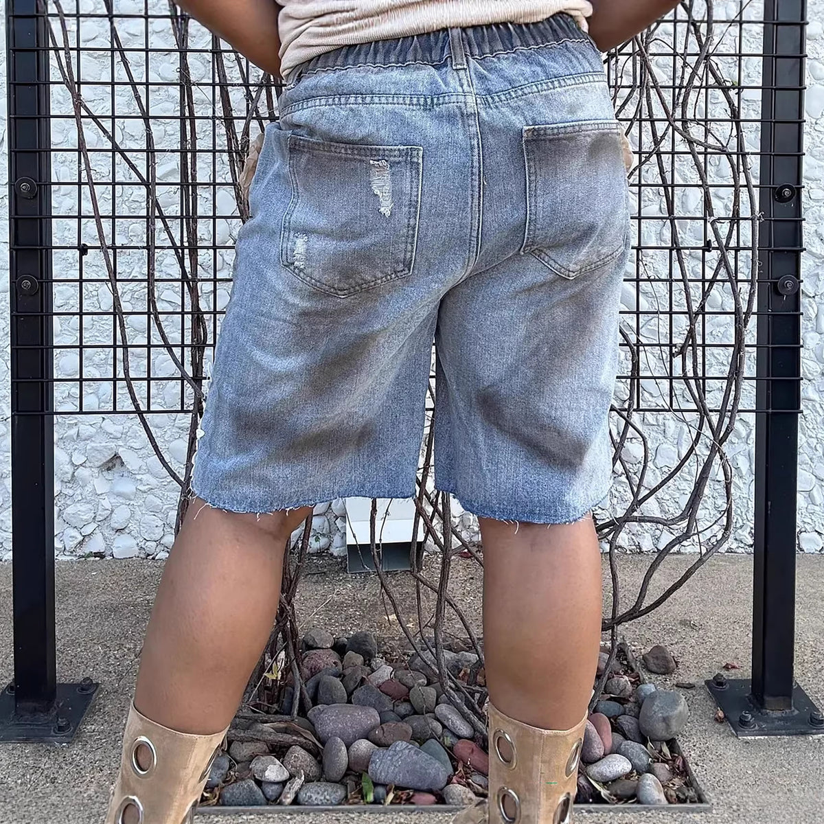 Ripped distressed denim shorts with lace hollow-out and 3D floral design by Plush Fashion Hub, showcasing stylish summer denim shorts.