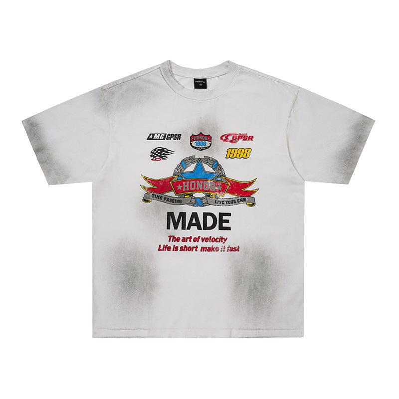 Eprolo racing elements short sleeve shirt with bold racing graphics and vibrant colors, casual fit, front view.