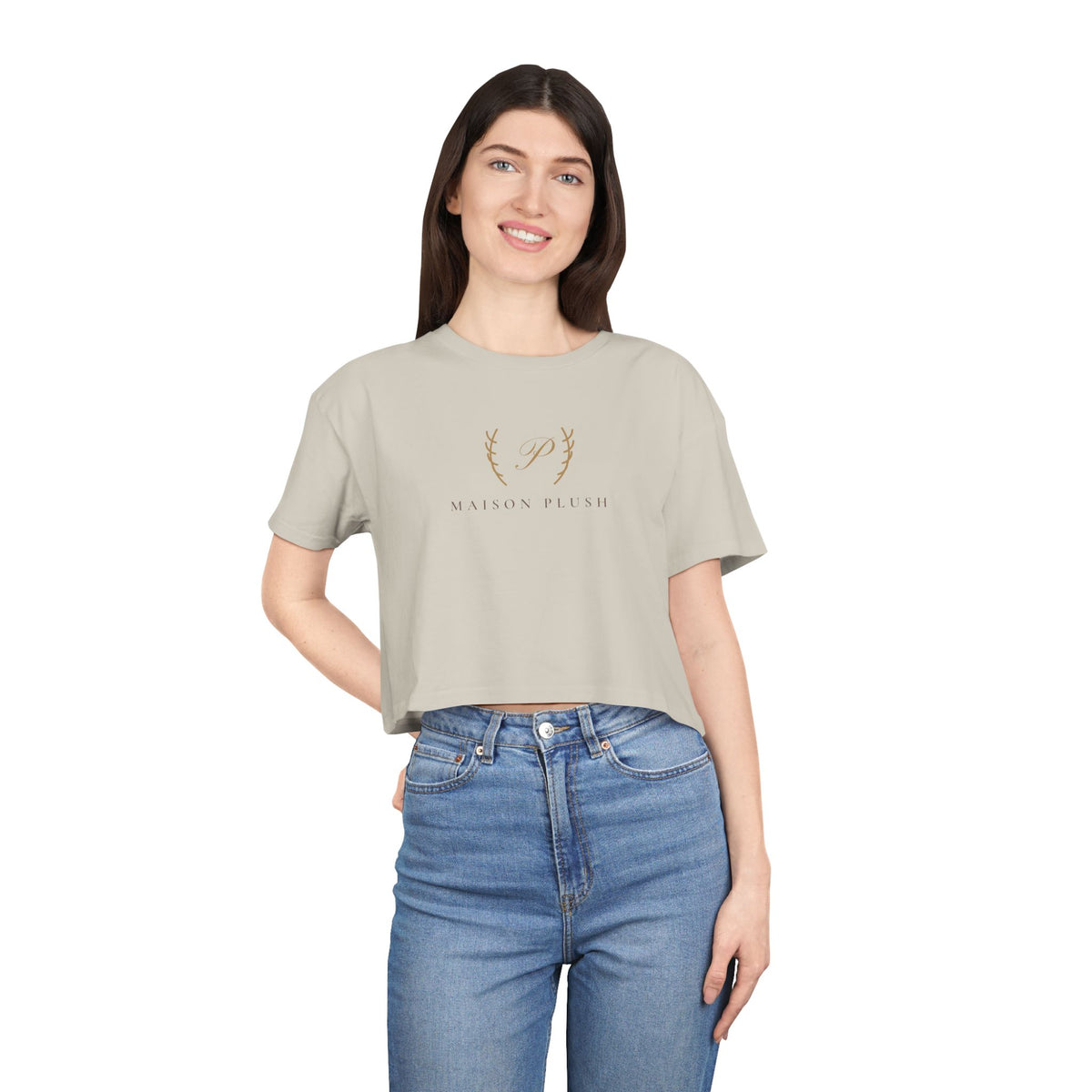 Maison Plush Monogram Crop Tee | Women's Cute Luxury Cropped T-Shirt