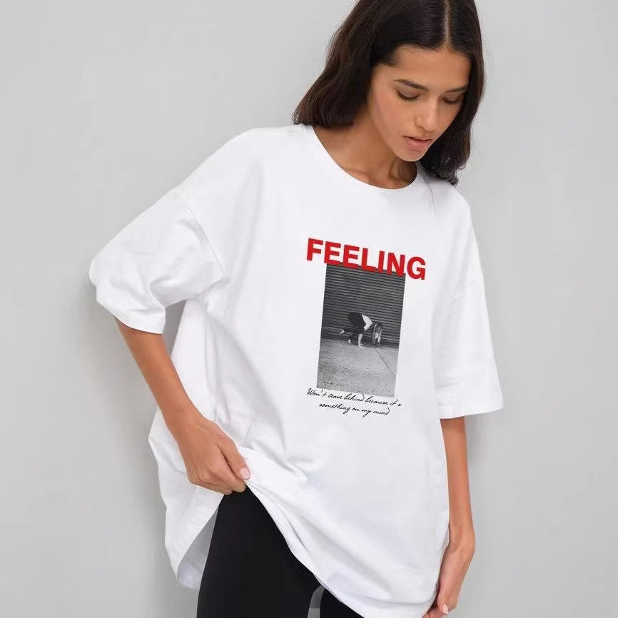 Women's short-sleeved T-shirt with letter pattern by eprolo, casual top featuring a bold letter design on soft fabric.