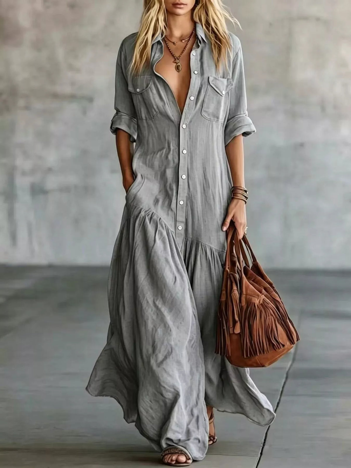 Plus size button-front maxi dress with roll-up sleeves by Plush Fashion Hub, stylish full-length dress for diverse sizes.