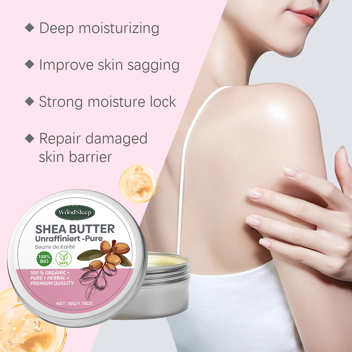 Silver metal tin of WoodSleep Shea Butter, showing an illustration of shea nuts on the label, next to smooth skin.