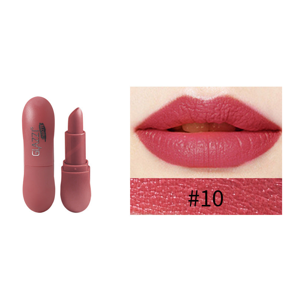 Mauve-pink matte lipstick in capsule-shaped tube, with swatch marked number 10 and application on lips.