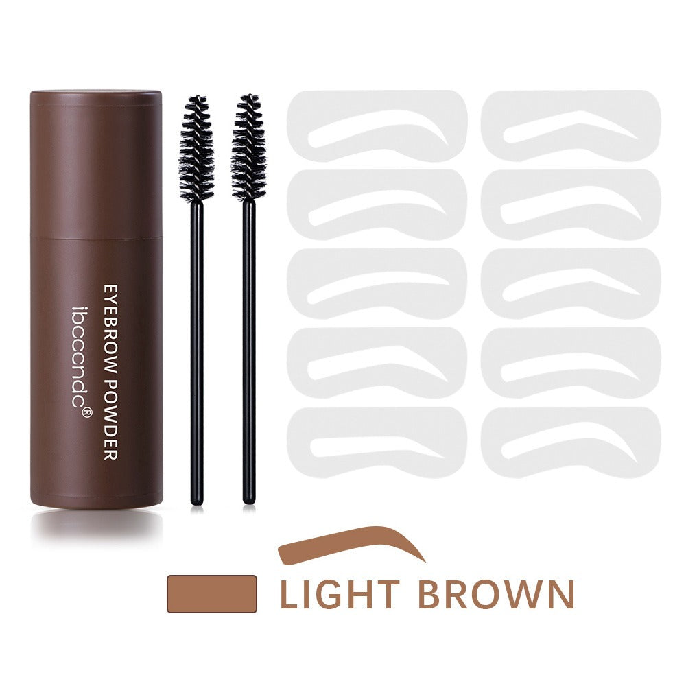 Light brown eyebrow powder set includes a dark brown tube, two black spoolie brushes, and ten stencils.
