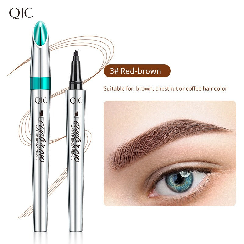 Silver QIC 4-tip eyebrow pen with teal accents, showing red-brown eyebrows on a model.