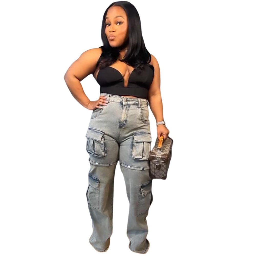 Women's eprolo denim pants with multiple pockets, straight leg style, and detachable button details, casual and fashionable.