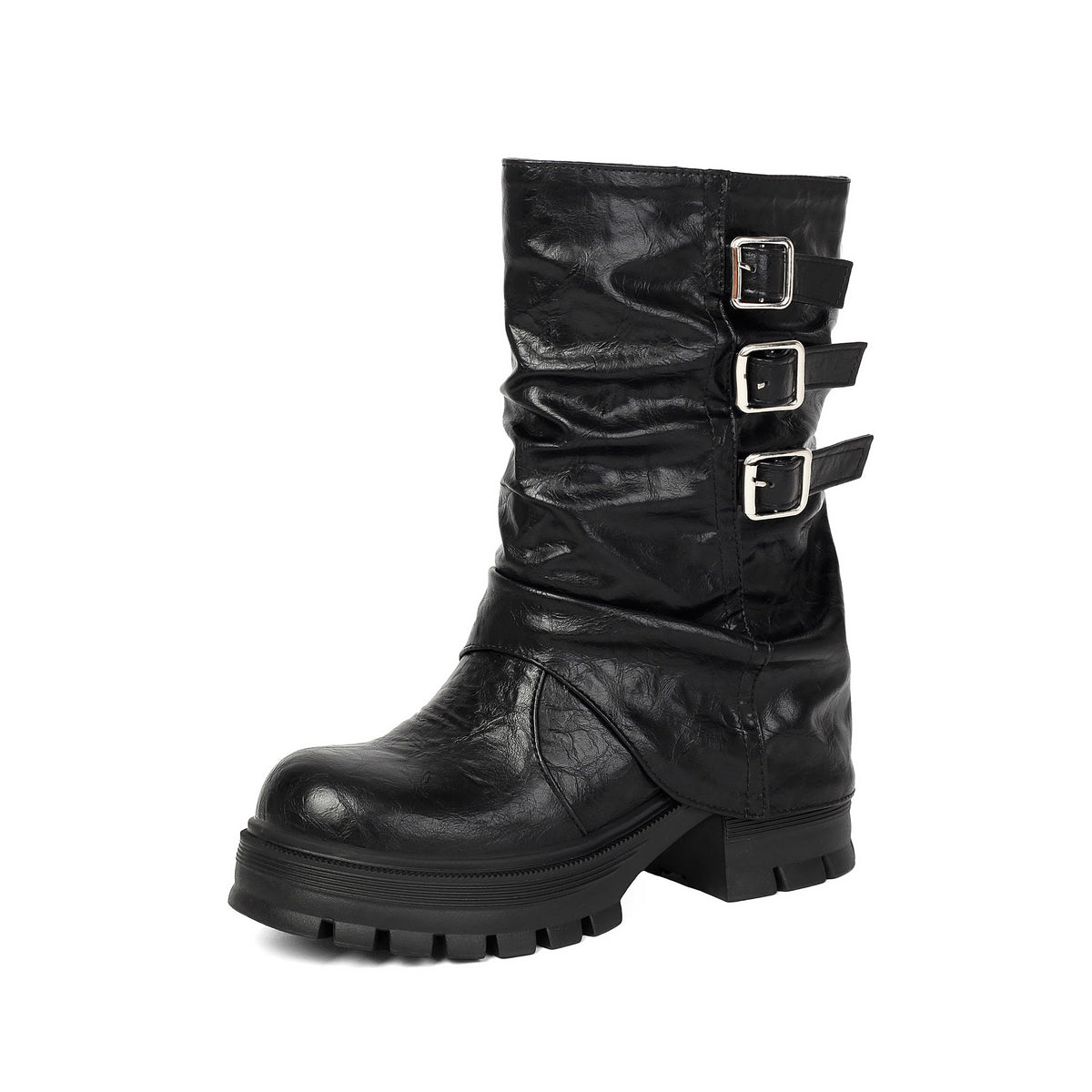 Black slouchy leather mid-calf boot with a chunky lug sole and three silver-tone side buckles.