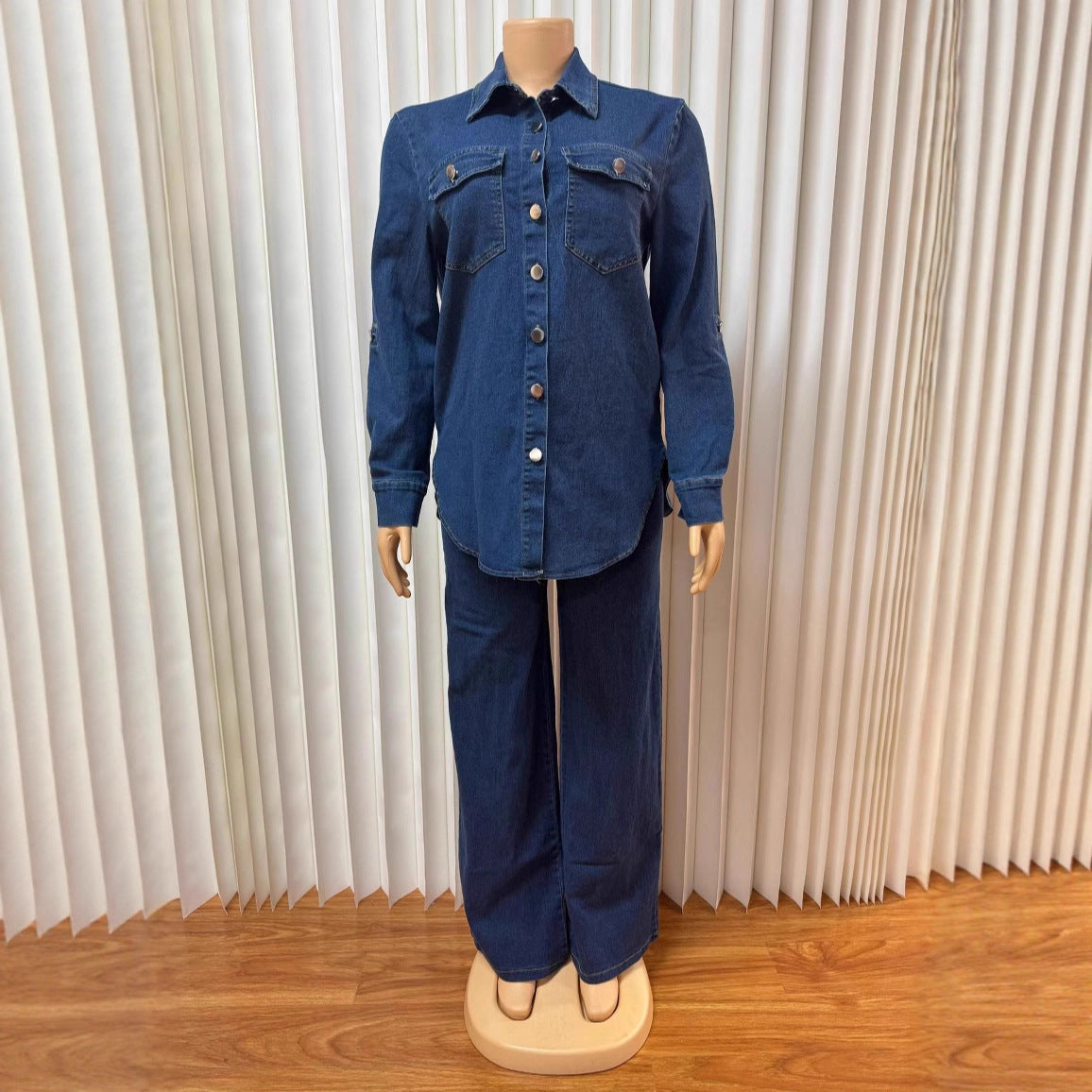 Vintage denim long sleeve shirt and straight leg pants two-piece set by Plush Fashion Hub, displayed on a neutral background.