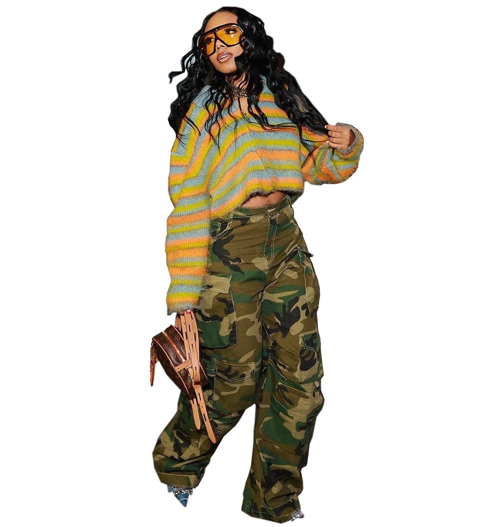 Women's camouflage cargo jeans by Plush Fashion Hub, featuring a winter-ready design with multiple pockets and rugged style.