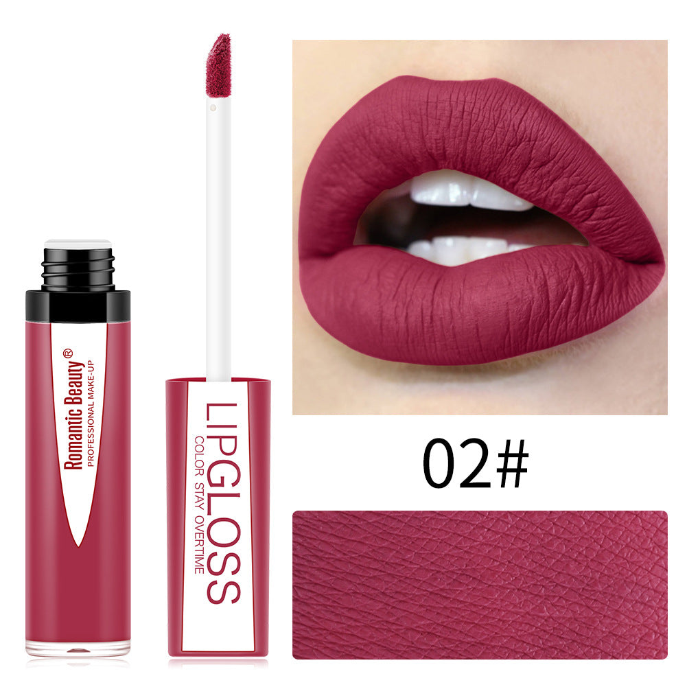 Romantic Beauty lipgloss in 02# berry red with matte finish, shown on tube, applicator, and lips.