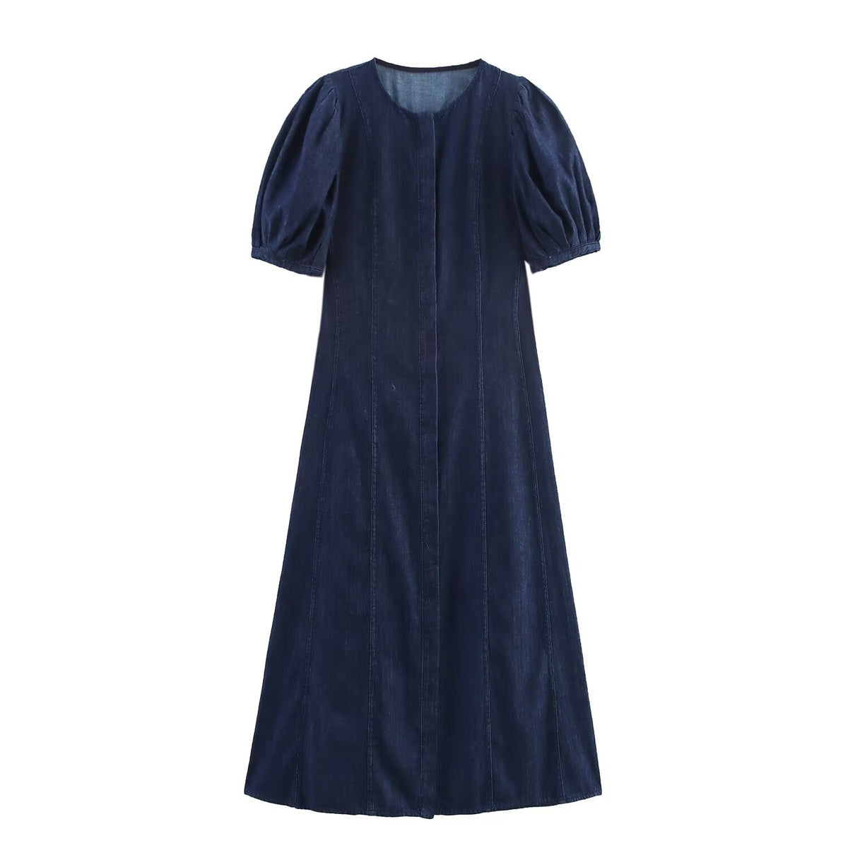 Dark blue denim midi dress with a round neckline, short puff sleeves, and vertical panel seams.