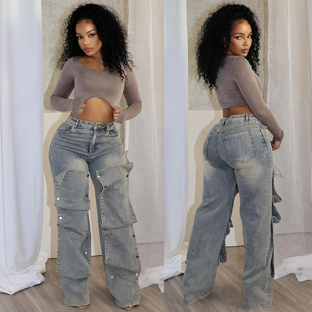 High-waisted straight-leg jeans from Plush Fashion Hub with detachable button detail, shown on a model.