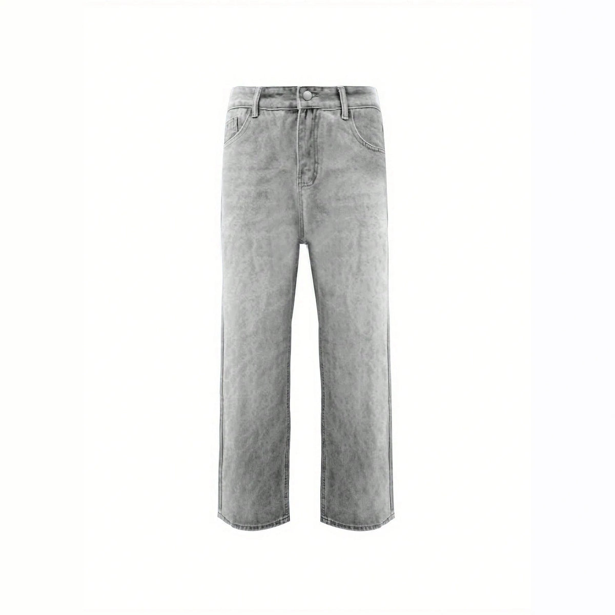 Grey acid wash denim pants with belt loops, front pockets, and a button fly.