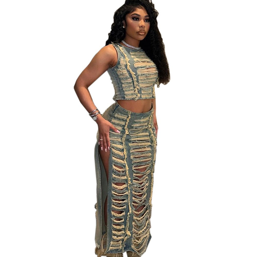 Handcrafted distressed denim vest and slit skirt set for women, featuring trendy, casual style from Plush Fashion Hub.