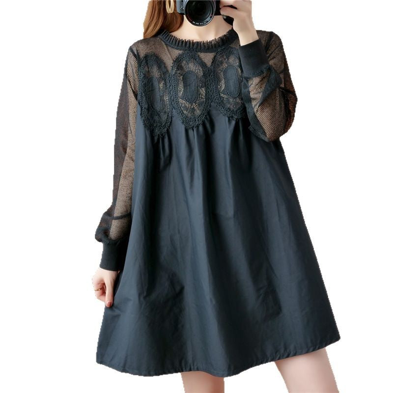 Black long-sleeve shift dress with sheer mesh yoke, lace oval chest appliques, and ruffled collar.
