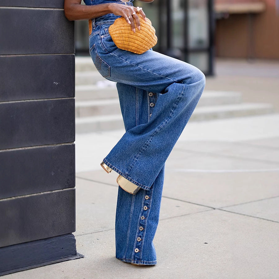 High waist heavy wash denim pants by eprolo featuring multiple front buttons and a classic fit.