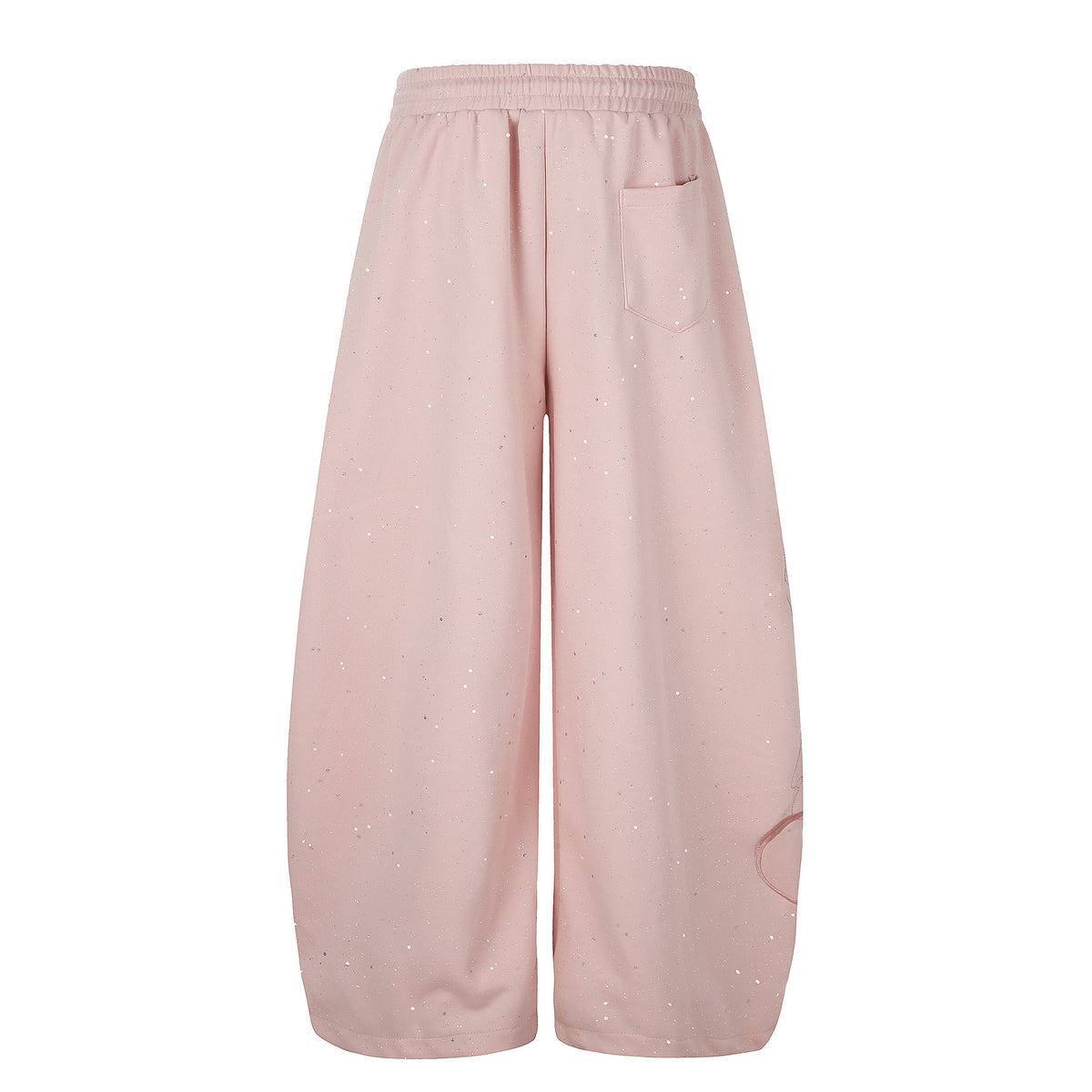 Pink wide-leg sweatpants with a back pocket and scattered silver sequins against a plain background.
