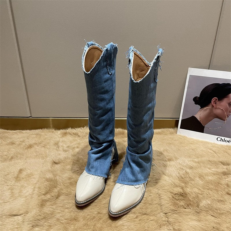 Blue denim and white leather knee-high boots with pointed toes, distressed trim, and slouchy style.