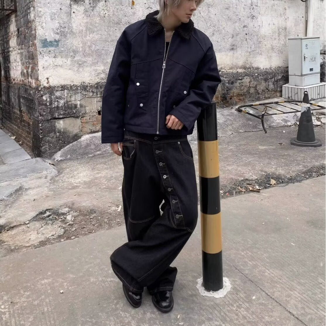 Curved long button-down jeans outfit set by Plush Fashion Hub featuring a stylish denim jacket and matching jeans.