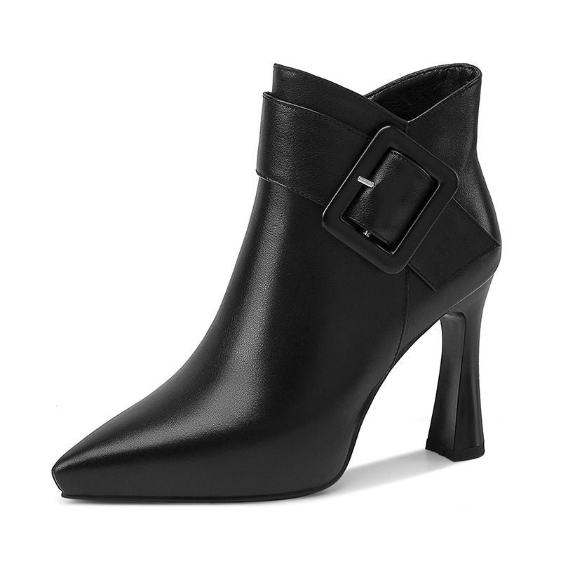 Eprolo women's faux leather pointed toe high heel ankle boots with buckle detail, stylish and sleek footwear.