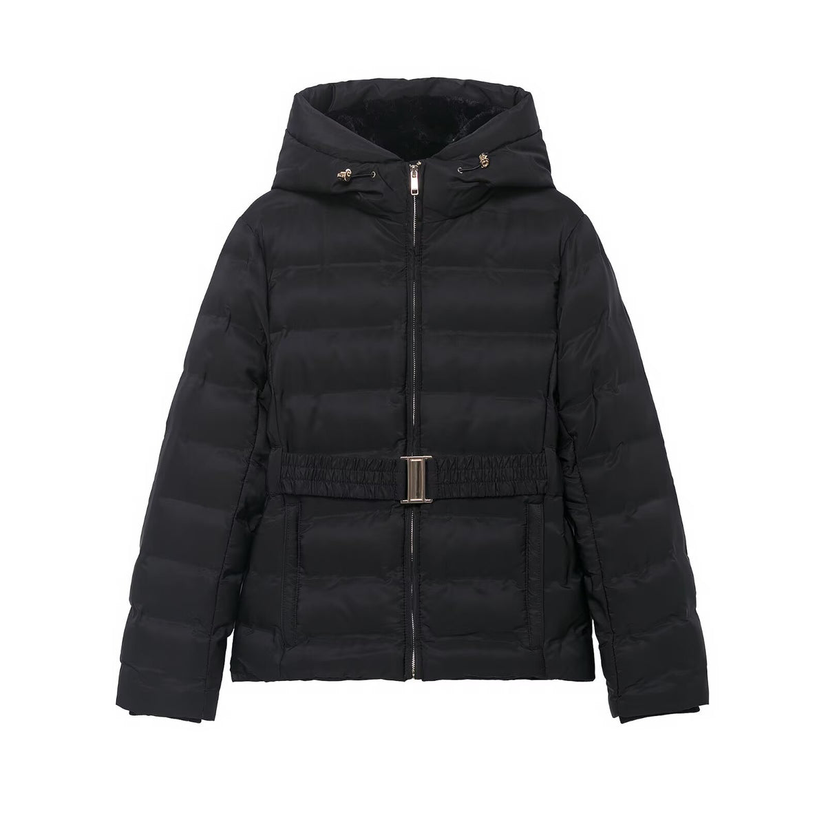 Black quilted puffer jacket featuring a hooded design, zipper closure, and an elasticated waist belt with a metal buckle.