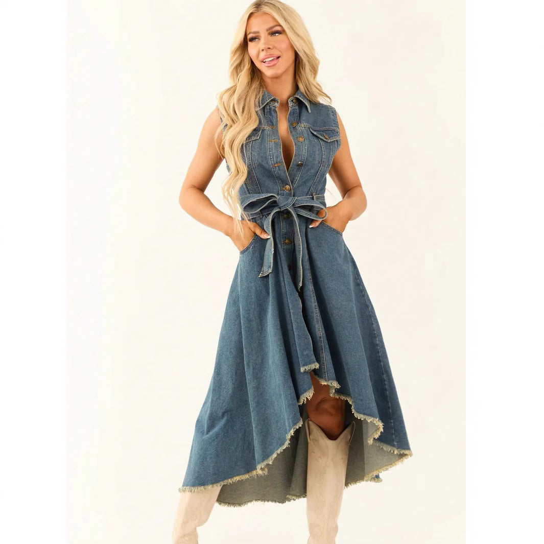 Fashionable sleeveless cowboy dress with an irregular design by eprolo, featuring a stylish and unique silhouette.