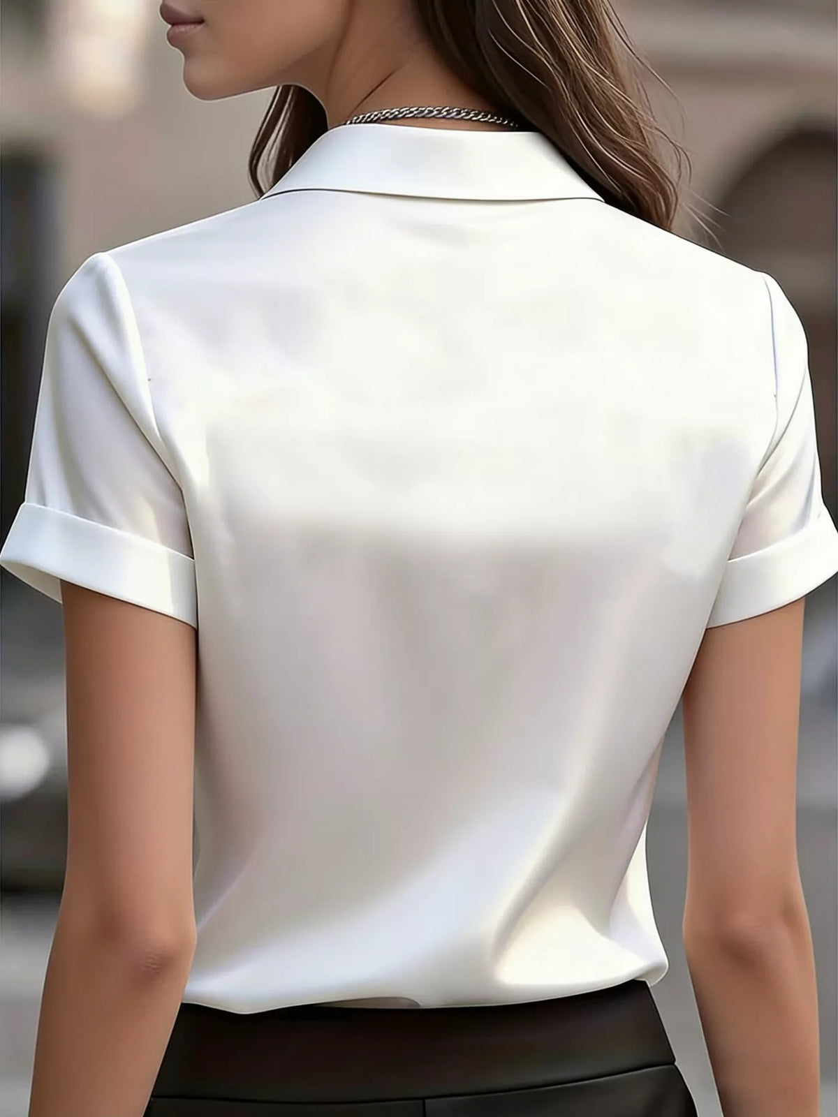 Plush Fashion Hub satin short-sleeve shirt with a sleek, smooth fabric and classic collar, displayed on a neutral background.
