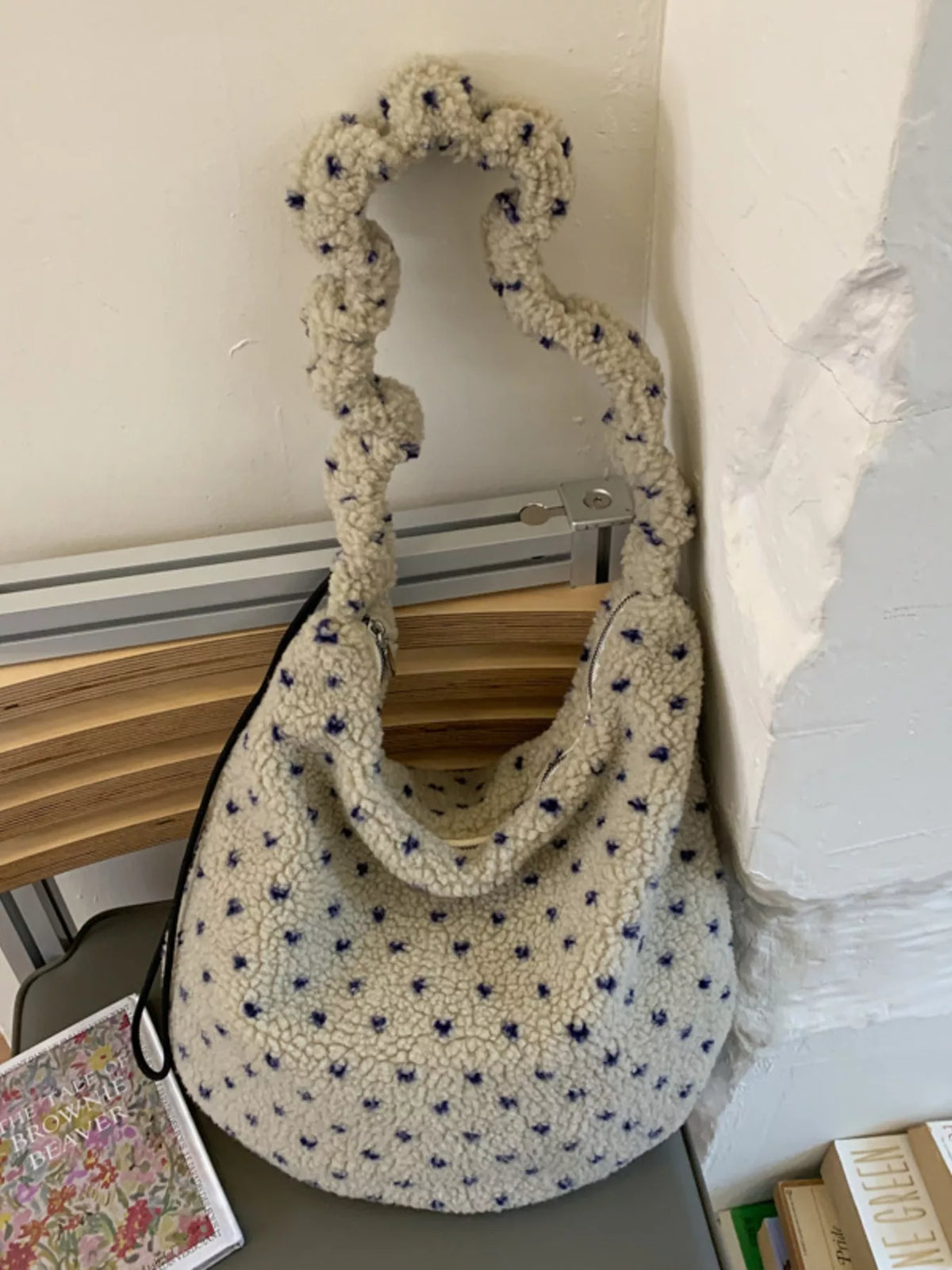 Plush Sherpa Ruched Strap Handbag from Plush Fashion Hub featuring soft plush material and ruched strap design.
