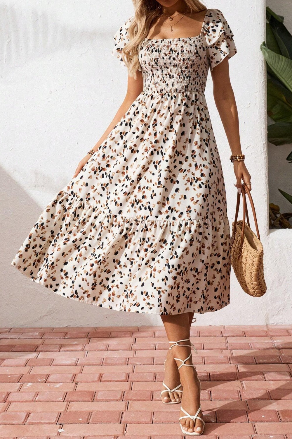 Women's cotton blend square neck ruffle sleeve smocked midi dress by Plush Fashion Hub, featuring a stylish design and feminine details.