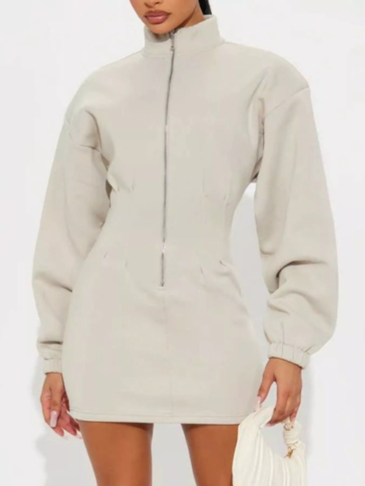Trendi casual zip-up long sleeve mini dress in soft fabric, featuring a fitted silhouette and stylish design.